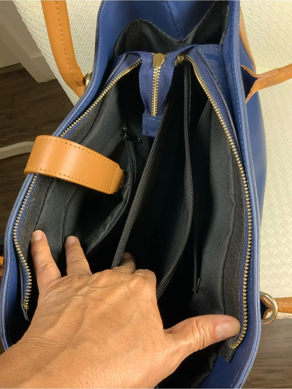 Chiara Ferretti Navy and Tan Leather Tote with Gold Hardware